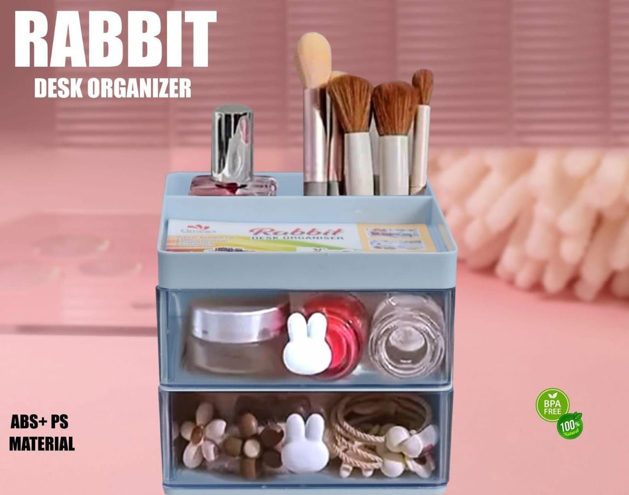 Rabbit Desk Organizer Makeup and Stationery Storage Box with Drawers BPA Free