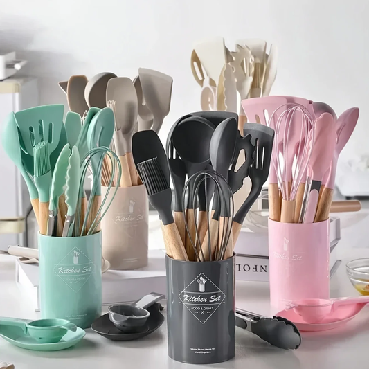 12pcs, Non-Stick Silicone Kitchen Utensil Set with Wooden Handles