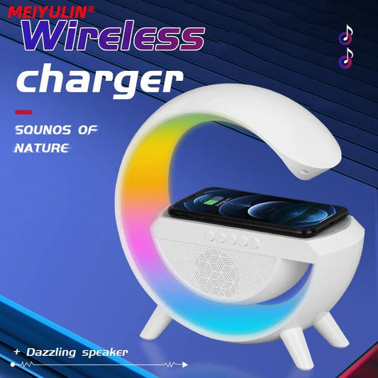 G Lamp Smart Bluetooth Speaker Wireless Fast Charger Station LED RGB Desk Light Support TF Card AUX for iPhone 14/13 Samsung Power bank